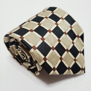Enzo Felini Tan & Black Geometric Pattern Men's Silk Necktie 56x3.75"